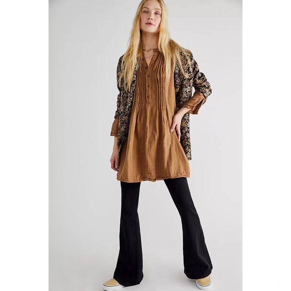 Free people CP Shades Yoko Tunic tan linen pleated tunic shirt dress size large - Picture 2 of 7